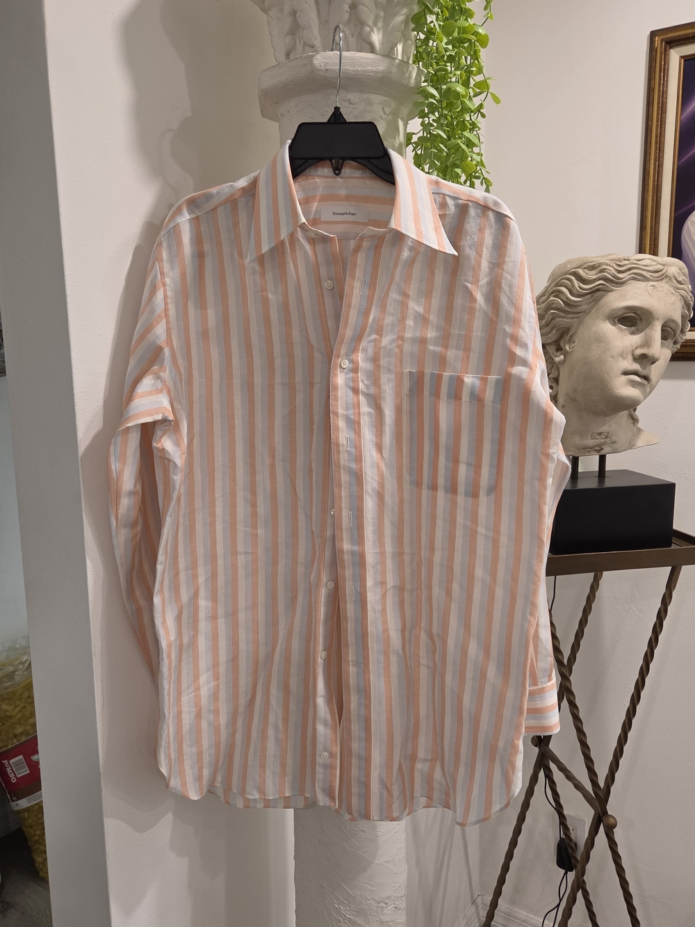 Ermenegildo Zegna Peach and White Striped Cotton Button-Down Shirt
